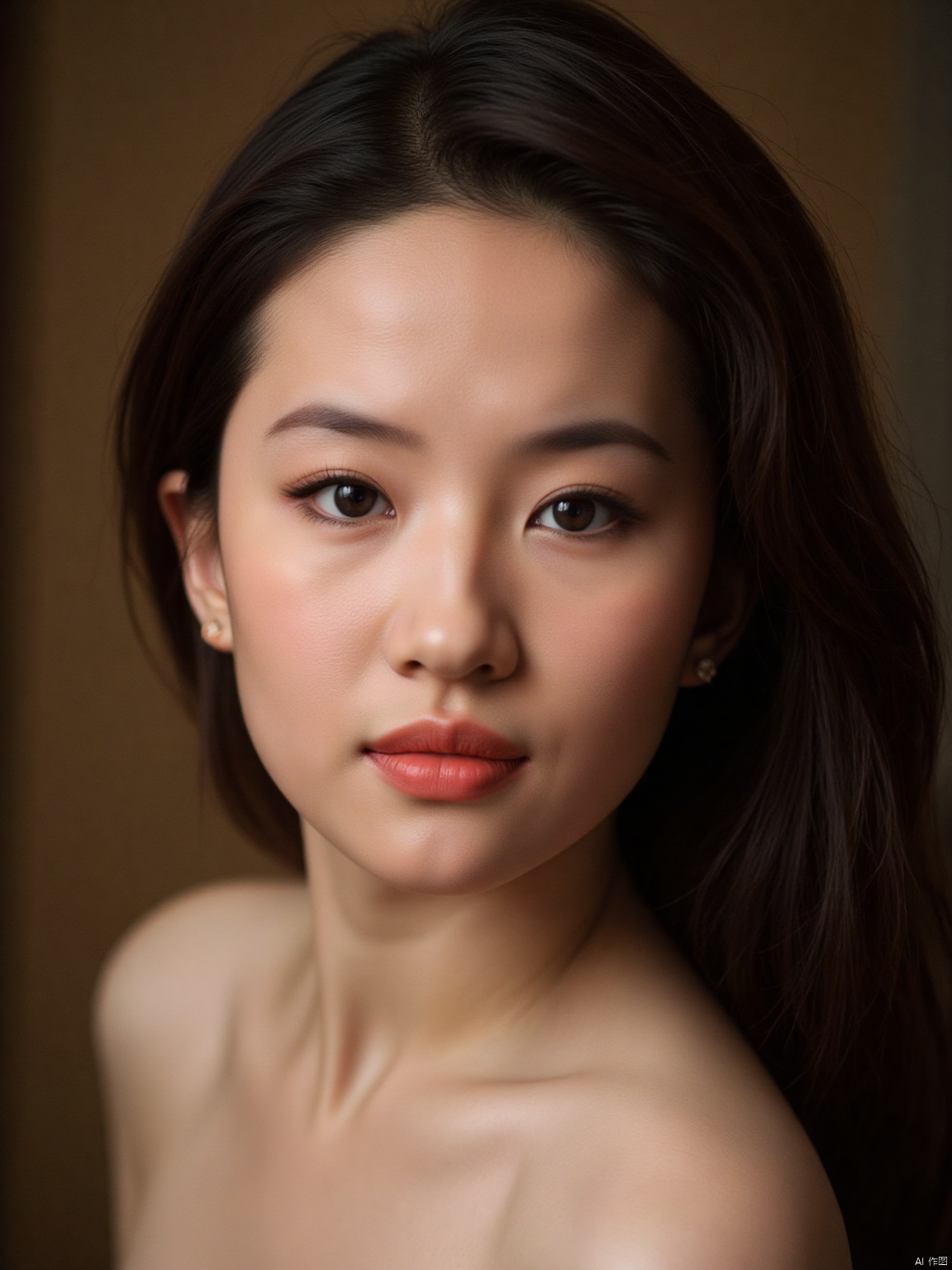 Cinematic style, close-up, Masterpieces of Excellence: 1.2) Masterpieces: Smooth textures, perfect body proportions, beautiful detail, sharp details, beautiful woman,(A serene portrait of a stunning woman, gazing directly into the lens with an air of detachment, her piercing eyes seemingly oblivious to the viewer's presence. Soft, natural lighting casts a warm glow on her porcelain skin, while her raven tresses cascade down her back like a waterfall of night. Her lips, painted a subtle crimson, curve into a gentle, enigmatic smile, hinting at secrets kept behind an impenetrable facade.) Cinematic 32k , , , Highly detailed, complex, complex pose, high quality, centered, perfect composition.