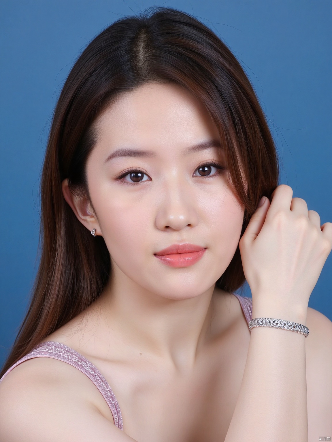 1girl, solo, looking at viewer, smile,  brown hair,  brown eyes, jewelry, closed mouth, upper body, earrings, lips, blue background, portrait, realistic, nose