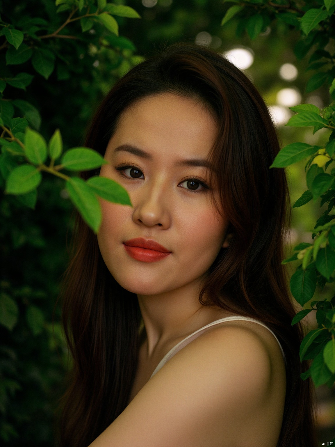 (RAW photo, 4k, realistic, exquisitely detailed skin),masterpiece,best quality,unity 8k wallpaper,ultra detailed,cinematic look,natural skin texture,extremely realistic skin texture,finely detailed face,(film grain:1.2),cinematic angle,Fujifilm XT3,,(highlydetailed),(bright scene),(A serene portrait of a stunning woman, gazing directly into the lens with an air of detachment, her piercing eyes seemingly oblivious to the viewer's presence. Soft, natural lighting casts a warm glow on her porcelain skin, while her raven tresses cascade down her back like a waterfall of night. Her lips, painted a subtle crimson, curve into a gentle, enigmatic smile, hinting at secrets kept behind an impenetrable facade.),(detailed lighting),(contrast),(mysterious atmosphere),,vivid illumination,,masterful technique,,harmonious composition,,immersive atmosphere,,stunning visuals,The bold emblazoned words SUNSHINE amidst lush greenery create a striking visual counterpoint to her melancholic expression, bathed in the soft glow of street lamps.
