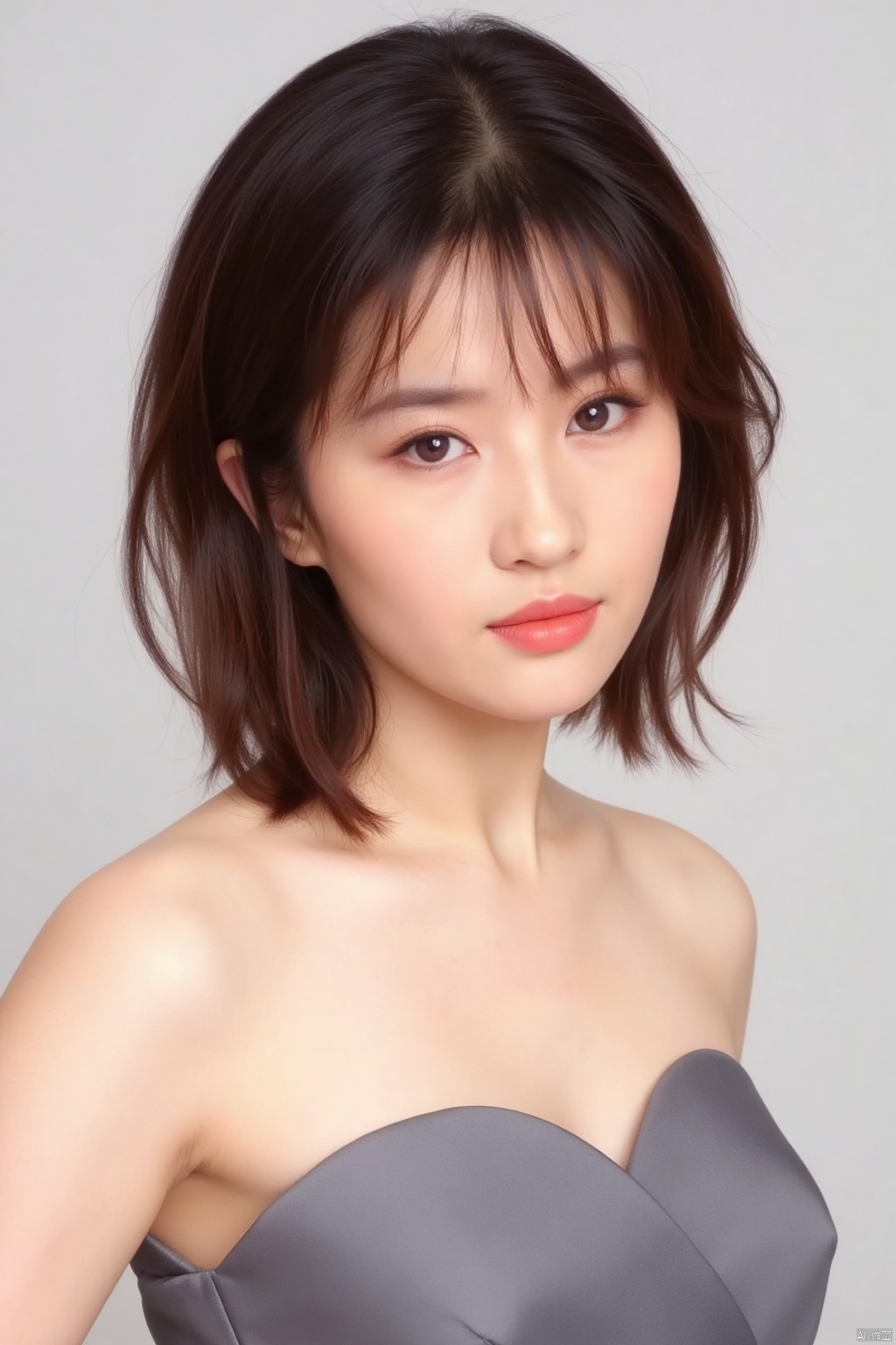 1girl, solo, breasts, looking at viewer, short hair, simple background, brown hair, black hair, bare shoulders, brown eyes, upper body, parted lips, lips, strapless, forehead, realistic, nose