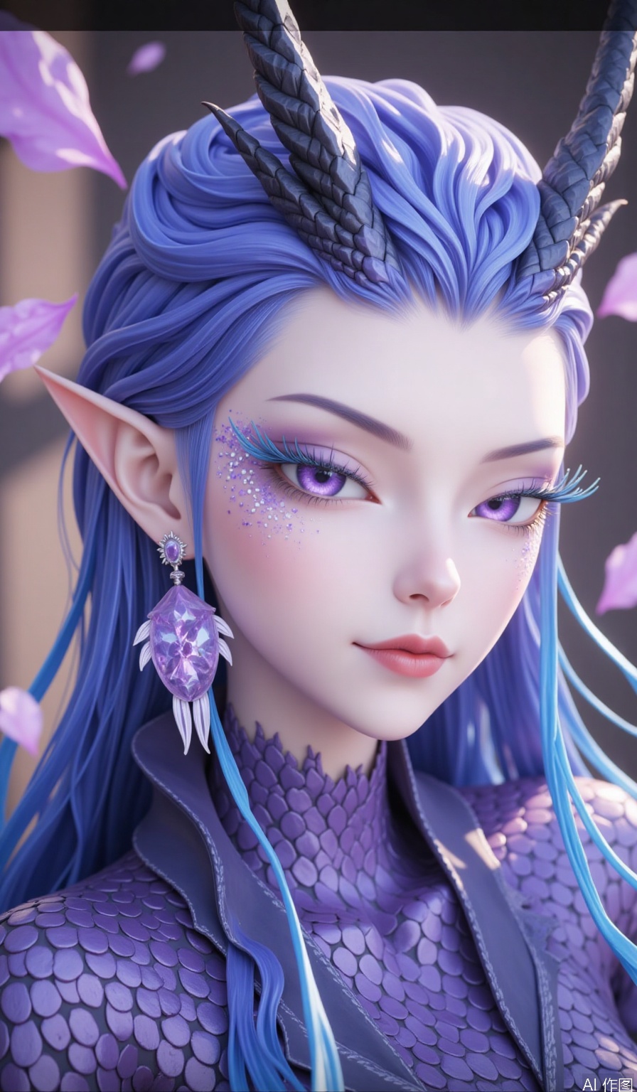 1girl,Long hair,,powder eye shadow,Dragon horn,purple pupils,Earrings,fish scale,Pointed ears,looking at viewer,