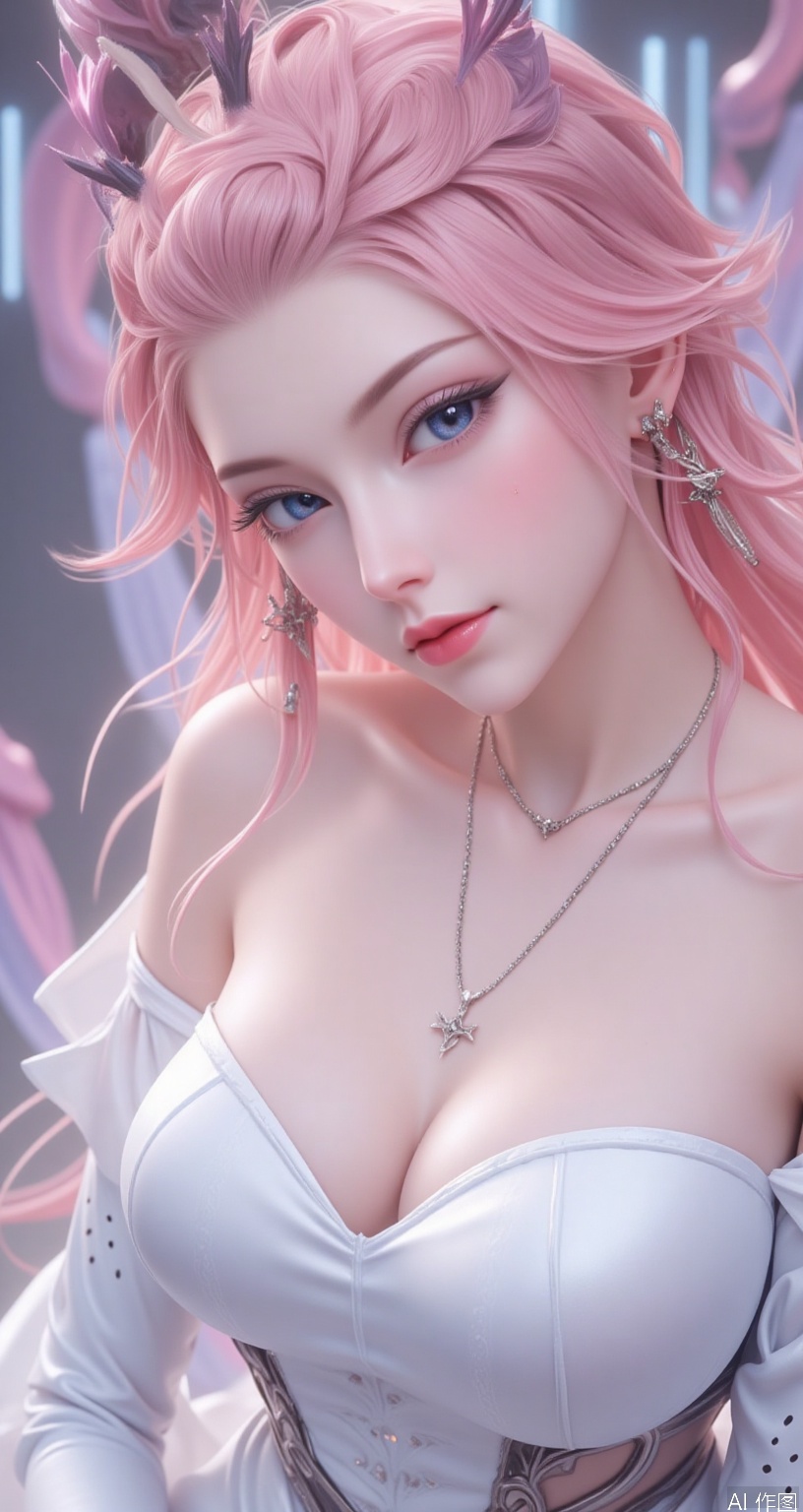 score_9, score_8_up, score_7_up,highly detailed digital,1Girl, solo, big breasts, looking at the audience, long hair, oblique bangs, blue eyes, hair accessories, cleavage, bare shoulders, jewelry, upper body, pink hair, earrings, separate lips, shiny, rough bangs, necklace, lips, shiny skin, perforations, ear piercings, arm rings, realism, white evening gown