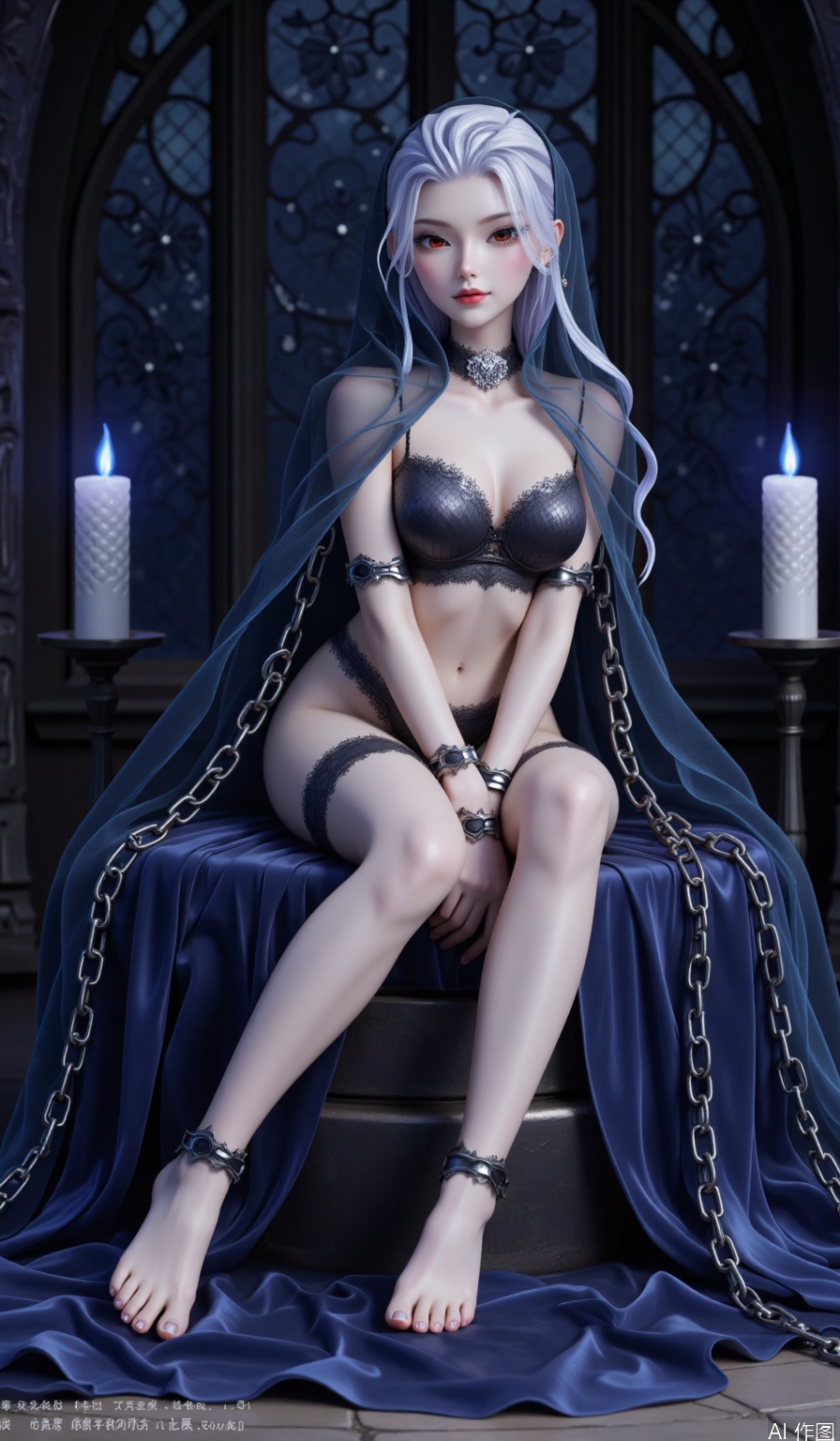 score_9, score_8_up, score_7_up,highly detailed digital,CG,An anime girl with white hair and red eyes, wearing a black tulle hooded cloak and sexy black lace-up underwear, wearing a neck ring, her hands and feet are bound by metal shackles, sitting on an object covered with dark blue silk, with a dark room with Gothic flower windows in the background, candles burning with blue flames on both sides, and chains next to them.