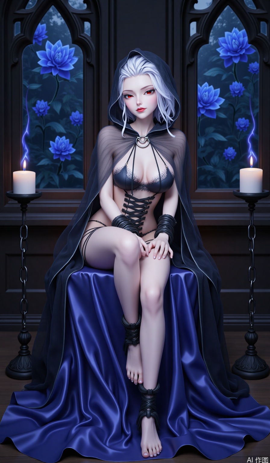 score_9, score_8_up, score_7_up,highly detailed digital,CG,An anime girl with white hair and red eyes, wearing a black tulle hooded cloak and sexy black lace-up underwear, wearing a neck ring, her hands and feet are bound by metal shackles, sitting on an object covered with dark blue silk, with a dark room with Gothic flower windows in the background, candles burning with blue flames on both sides, and chains next to them.