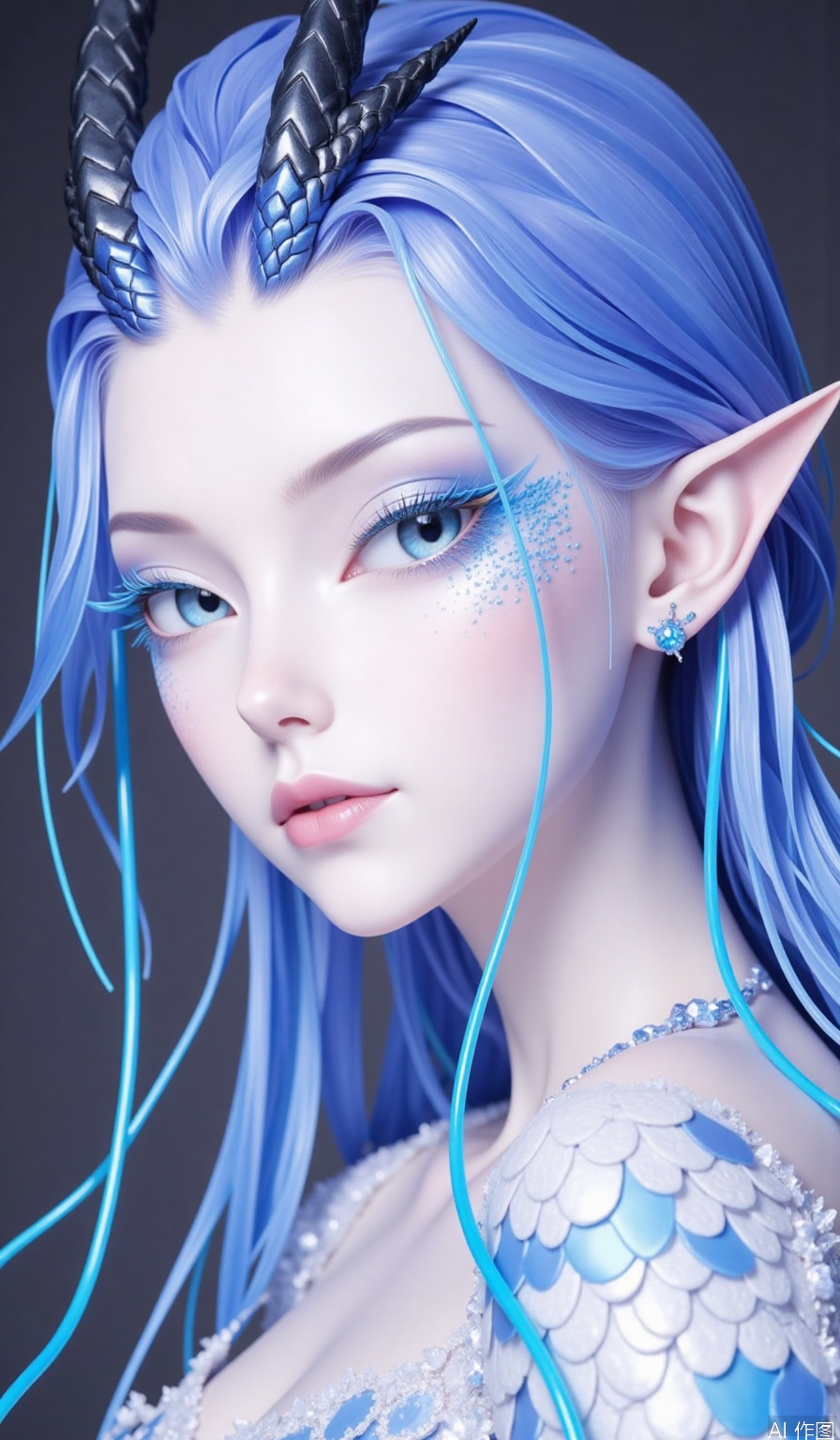 1girl,Long hair,,powder eye shadow,Dragon horn,Blue eyesBlue eye shadow,Earrings,fish scale,Pointed ears,looking at viewer,