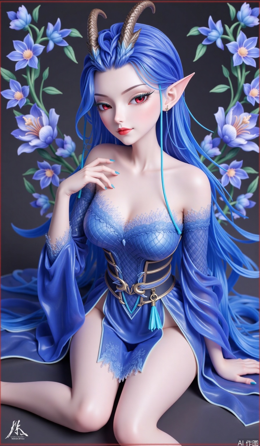 score_9, score_8_up, score_7_up,highly detailed digital,CG,1girl, solo, long hair, breasts, red eyes, dress, cleavage, bare shoulders, medium breasts, sitting, blue hair, flower, horns, pointy ears