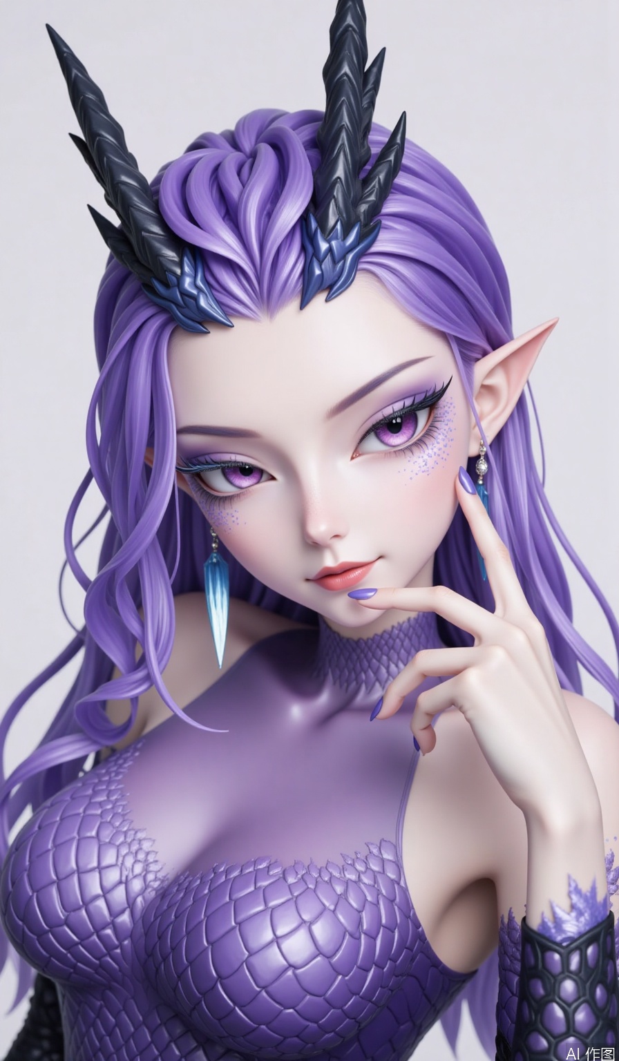1girl,Long hair,,powder eye shadow,Dragon horn,purple pupils,Earrings,fish scale,Pointed ears,looking at viewer,undercut