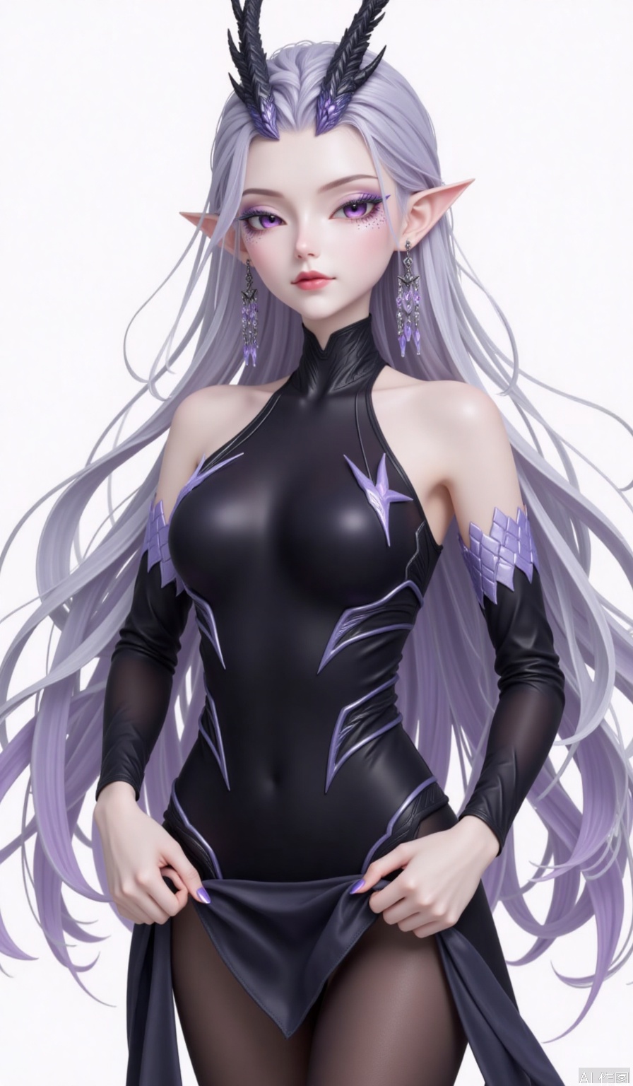 1girl,Long hair,,powder eye shadow,Dragon horn,purple pupils,Earrings,fish scale,Pointed ears,looking at viewer,pantyhose pull,Black silk jumpsuit