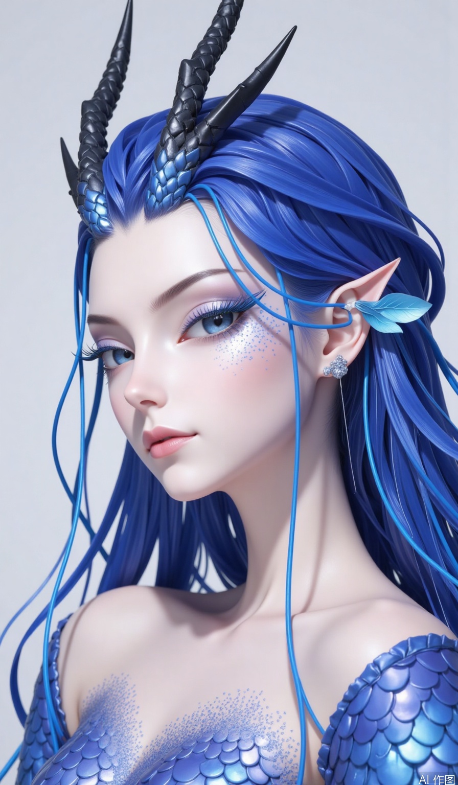 1girl,Long hair,,powder eye shadow,Dragon horn,Blue eyesBlue eye shadow,Earrings,fish scale,Pointed ears,looking at viewer,