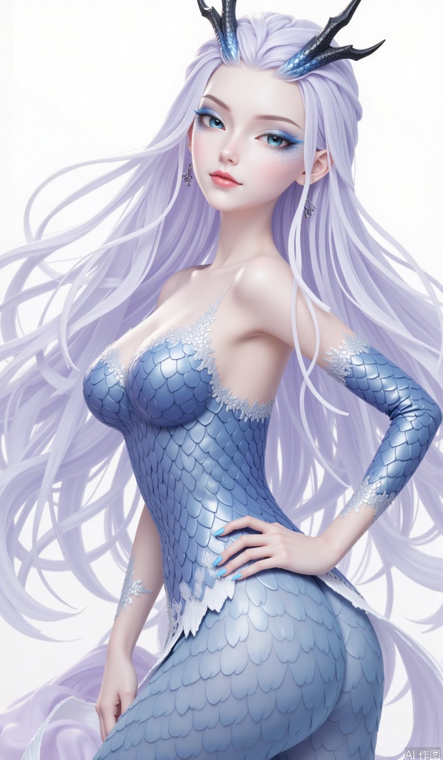 1girl,Long hair,,powder eye shadow,Dragon horn,Blue eyesBlue eye shadow,Earrings,fish scale,Pointed ears,looking at viewer,off shoulder,hip vent,