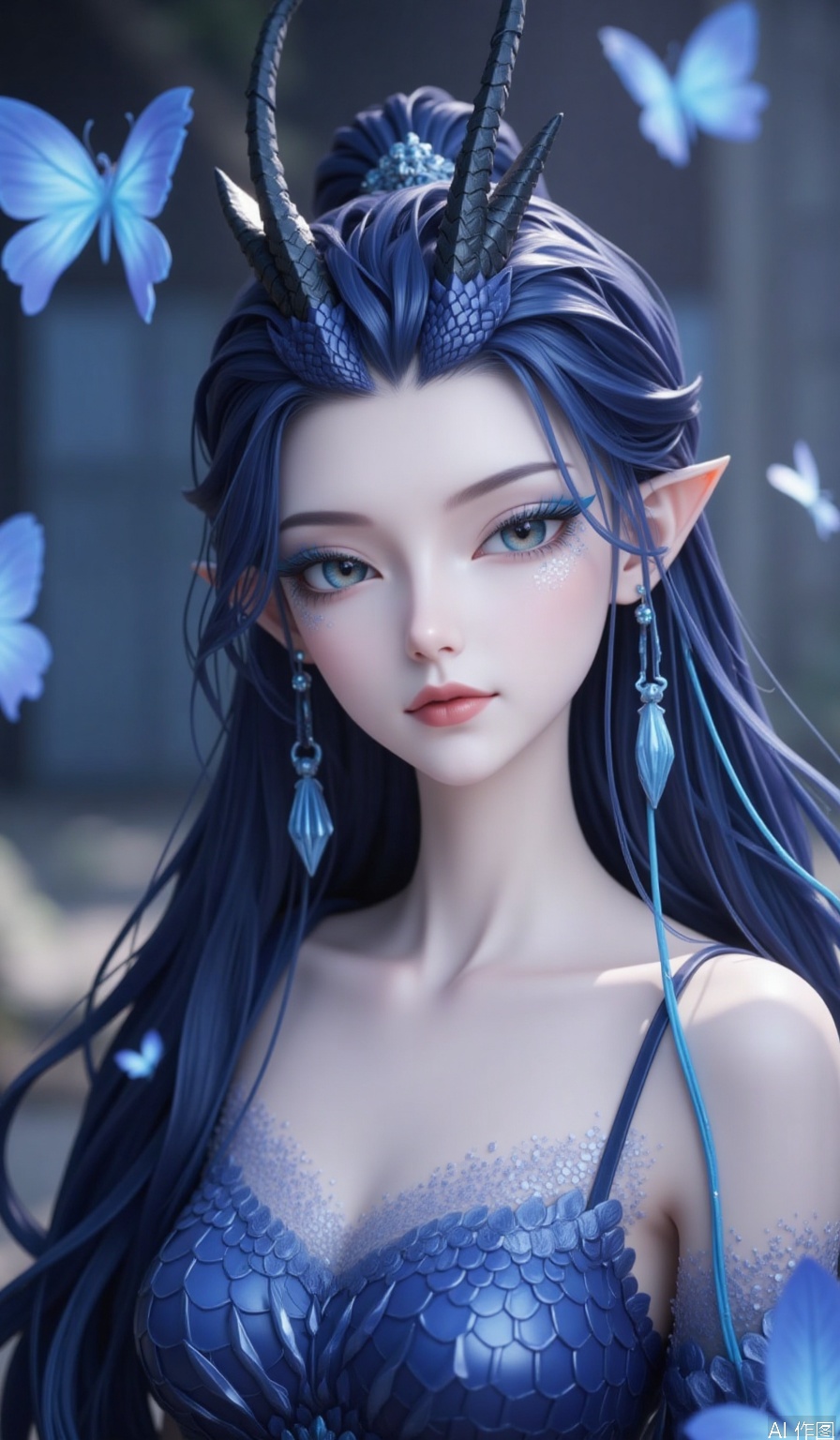 1girl,Long hair,,powder eye shadow,Dragon horn,Blue eyesBlue eye shadow,Earrings,fish scale,Pointed ears,looking at viewer,Frontal photos,upper part of the body,Random background, real background,Keywords dynamic posture, dynamic wallpaper,