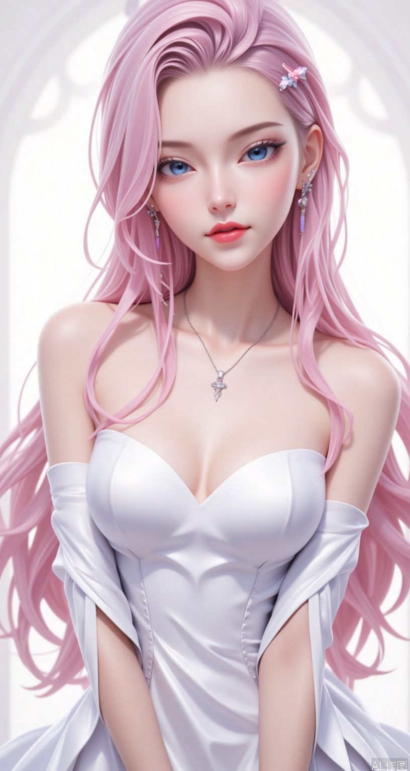 score_9, score_8_up, score_7_up,highly detailed digital,1Girl, solo, big breasts, looking at the audience, long hair, oblique bangs, blue eyes, hair accessories, cleavage, bare shoulders, jewelry, upper body, pink hair, earrings, separate lips, shiny, rough bangs, necklace, lips, shiny skin, perforations, ear piercings, arm rings, realism, white evening gown