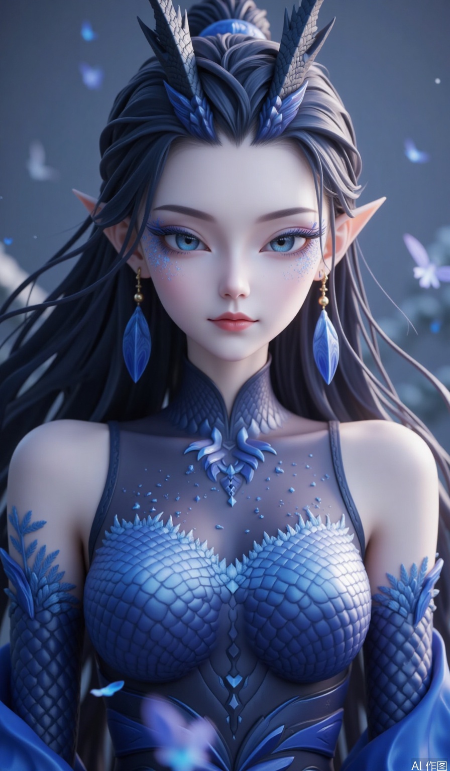 1girl,Long hair,,powder eye shadow,Dragon horn,Blue eyesBlue eye shadow,Earrings,fish scale,Pointed ears,looking at viewer,Frontal photos,upper part of the body,Random background, real background,Keywords dynamic posture, dynamic wallpaper,
