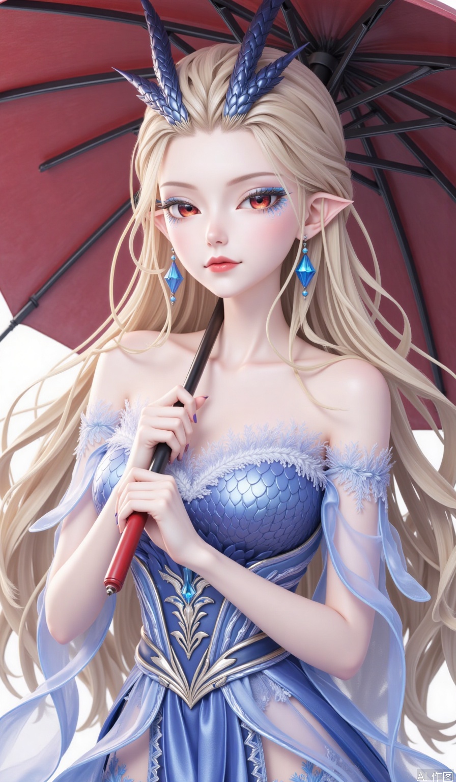 1girl,Long hair,,powder eye shadow,Dragon horn,Blue eyesBlue eye shadow,Earrings,fish scale,Pointed ears,looking at viewer,1girl, solo, long hair, breasts, looking at viewer, blonde hair, red eyes, dress, holding, bare shoulders, jewelry, upper body, earrings, makeup, umbrella, holding umbrella, red lips
