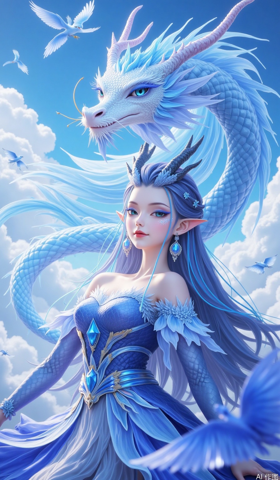 1girl,Long hair,,powder eye shadow,Dragon horn,Blue eyesBlue eye shadow,Earrings,fish scale,Pointed ears,looking at viewer,off shoulder,Looming in the clouds, the Dragon Palace is made of bright crystals and shimmering metal, surrounded by clouds of different shapes, and occasionally auspicious birds fly by, which is mysterious and ethereal..