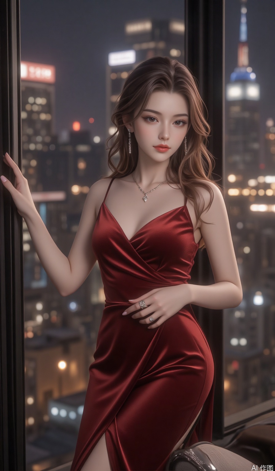 score_9, score_8_up, score_7_up,highly detailed digital,8K CG,1girl,red eyes,eyeshadow,The shooting angle is low, which highlights the female gas field. A woman stood in front of the floor-to-ceiling window of the city night scene, and the window was full of gorgeous lights. She has big waves of chestnut curly hair, slightly curled hair tail, a few strands of hair casually draped over the white shoulders. Dressed in a red velvet dress with a deep V-neck, the slim cut outlines her graceful figure curve, and the skirt splits to the middle of the thigh. A pair of black stiletto heels with sparkling rhinestones on the upper. She wore an exquisite diamond clavicle chain and a simple gold ring on her slender fingers. Hands lightly on the window, slightly sideways, charming and attractive eyes,on chair,Sexy, seductive