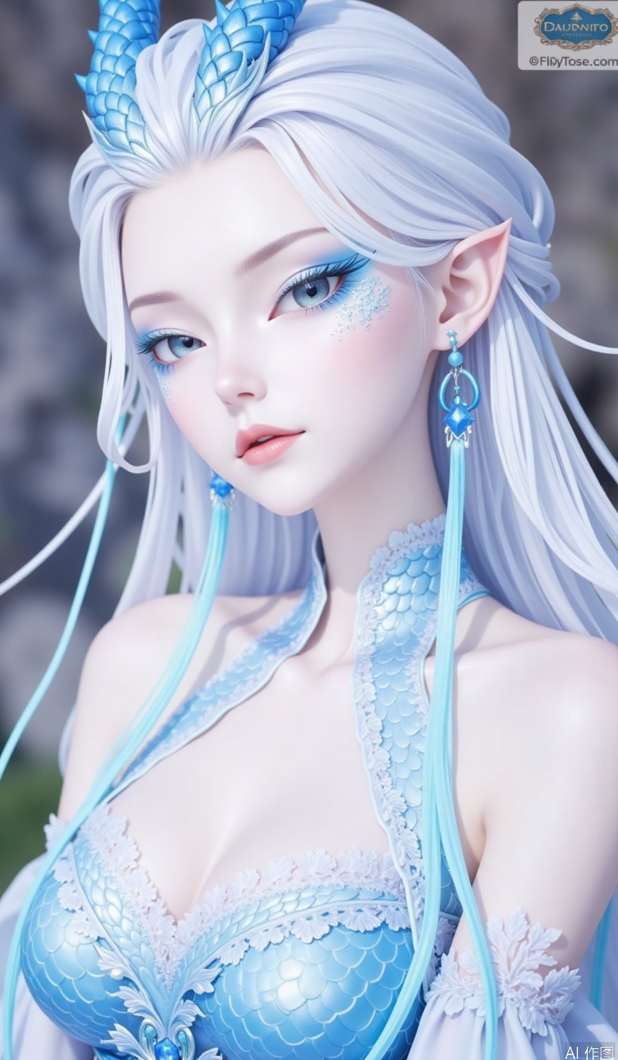 1girl,Long hair,,powder eye shadow,Dragon horn,Blue eyesBlue eye shadow,Earrings,fish scale,Pointed ears,looking at viewer,Random real background,Light blue dress,