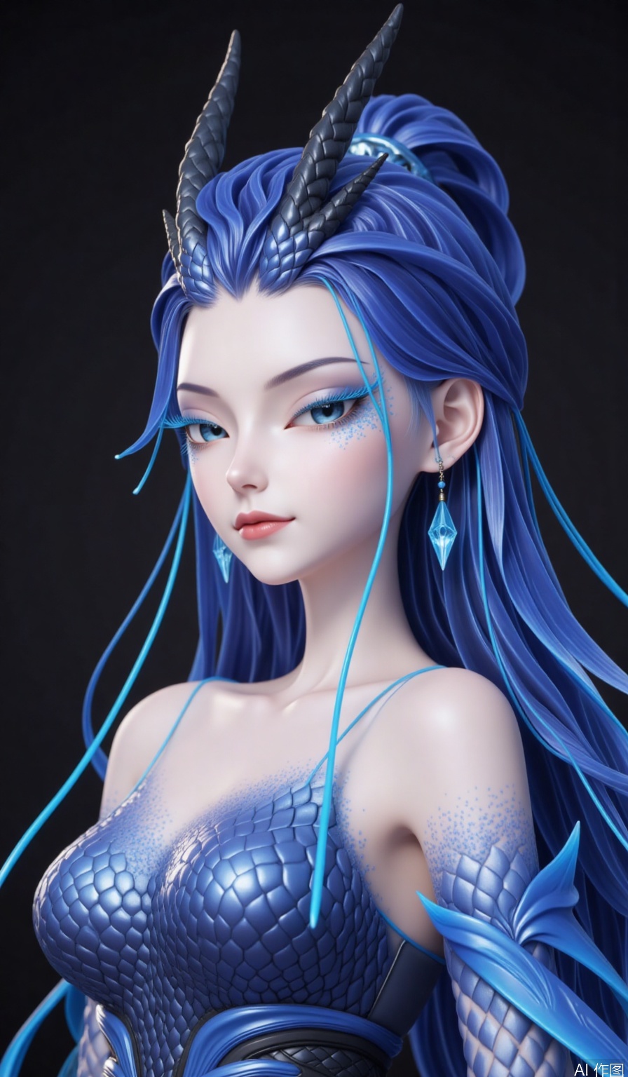 1girl,Long hair,,powder eye shadow,Dragon horn,Blue eyesBlue eye shadow,Earrings,fish scale,Pointed ears,looking at viewer,Frontal photos,upper part of the body,Random background, real background,Keywords dynamic posture, dynamic wallpaper,