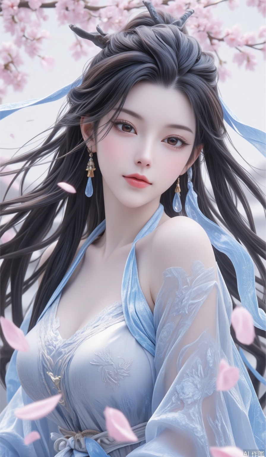 1girl,long hair,eyelashes,Illustration style, award winning art, Traditional Chinese painting style, Ink wash painting style, Flowing brushstrokes, by Agnes Cecile, Rich in layers, Classical Chinese maiden painting, The perfect fusion of modern art and traditional Chinese painting, Full-body view, A Chinese girl, Extremely beautiful countenance, Classical beauty of the East, Long hair, Silk-textured clothing, weared in translucent crystal sculpture glitch, Perfect female body, Graceful Eastern woman, octane render masterpiece, Scattered Watercolors,masterpiece scale, Falling petals, beautiful depth of field, ultra detailed CG perspective, ultra dynamic lighting amazing shadows