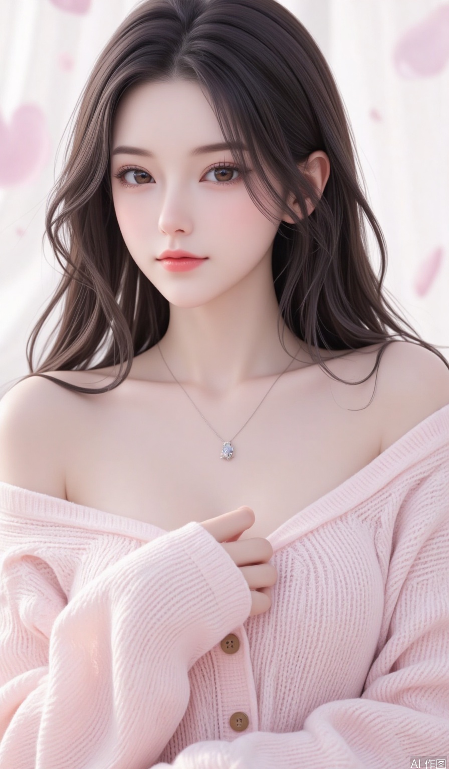 1girl, solo, long hair, radiating warmth, looking at viewer, hazel eyes, wrapped in a soft cardigan, bare neck, long, straight hair, upper body, black hair, a friendly expression, delicate pendant, inviting eyes, open - fronted, knitted cardigan, realistic, in a pastel shade.