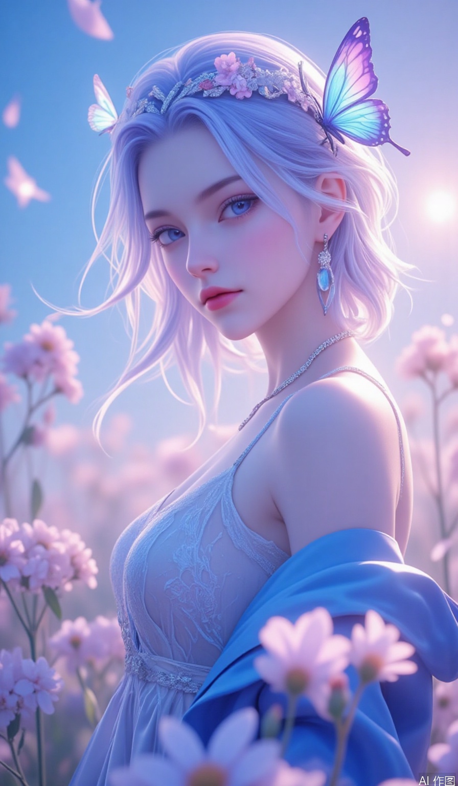 Realism,veil,unreal,sunlight,backlighting,glowing,loli,petals,shadow,light,figure light,dream,unreal,Blur,float light, amazing quality, very aesthetic, absurdres,Dundar effect,flowers covering half of the painting,delicate plant details,dream, soul, (fluorescence), (flying translucent blue butterfly) masterpiece,best quality,high quality,(colorful),loli,1girl,solo,long hair,looking at viewer,blue eyes,upper body,head tilt,blue theme,jacket,closed mouth,earrings,bare shoulders,off shoulder,white hair,jewelry,strap slip,collarbone,camisole,blue background,backlighting,blue hair,pink background,multicolored hair,gradient background,simple background,hair between eyes,expressionless,spaghetti strap,blue jacket,shirt,sidelocks,glowing,pixie cut in vibrant lavender,ice purple eyes,dressed in a romantic bohemian dress with layered lace and a floral crown,in a field of wildflowers under a pastel sunset with butterflies fluttering