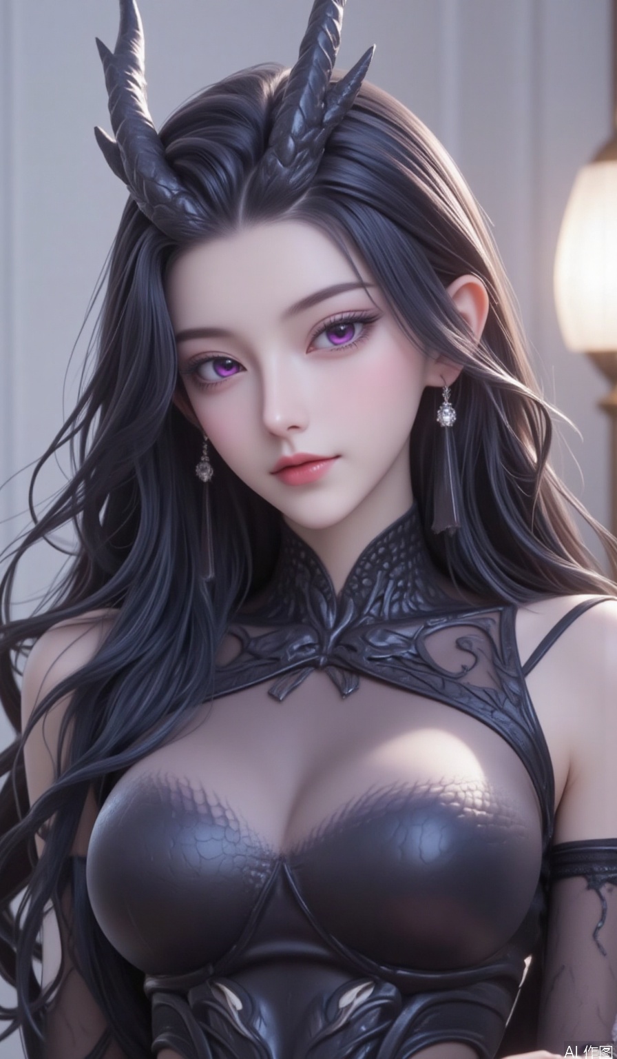 1girl,Long hair,,powder eye shadow,Dragon horn,purple pupils,Earrings,fish scale,Pointed ears,looking at viewer,pantyhose pull,Black silk jumpsuit