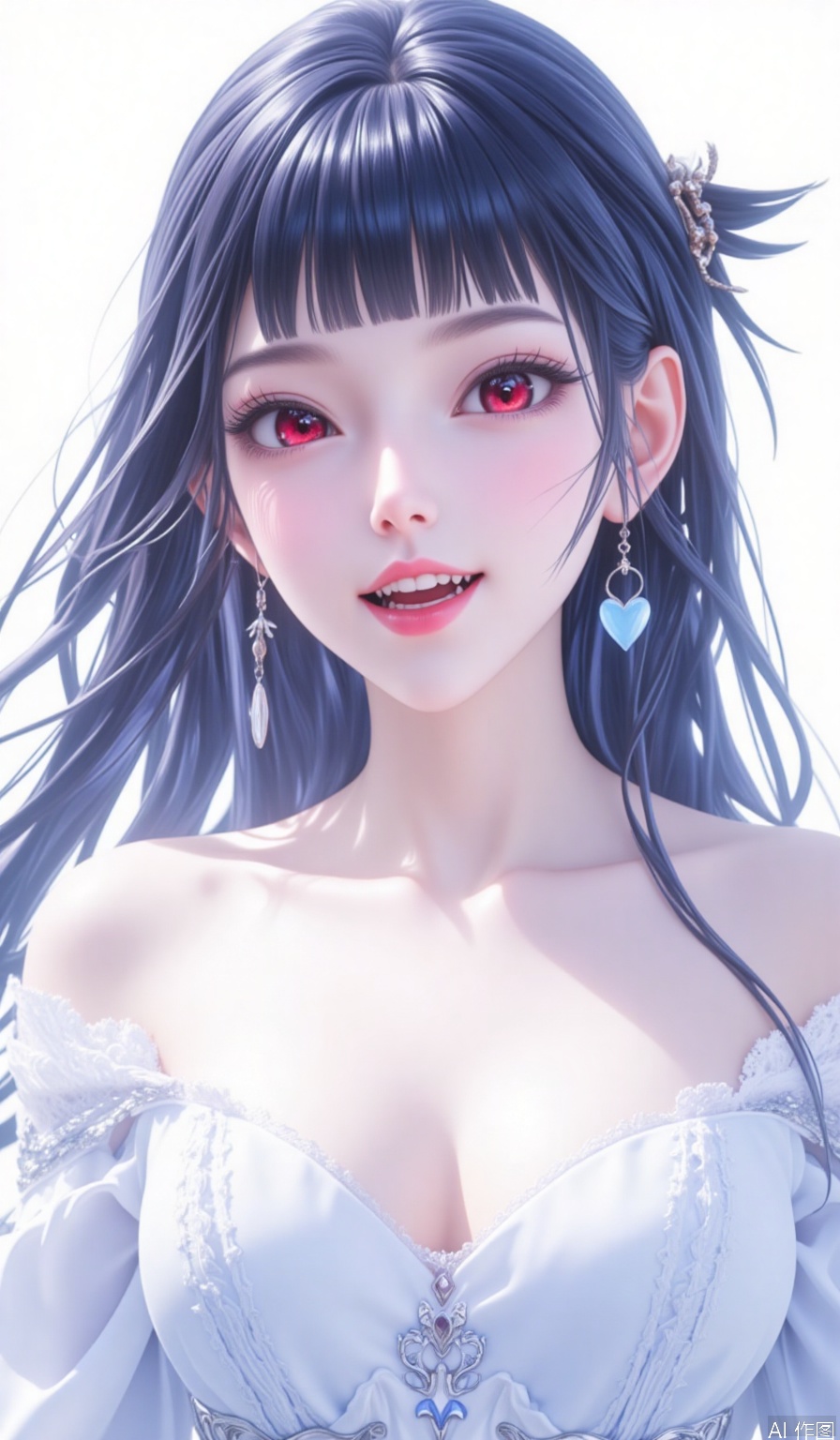 masterpiece,very aware,highres,absurdres,newest,best quality,high quality,loli,petite,chromatic_aberration,Light Blue Theme,  1girl, solo, long hair, jewelry, earrings, looking at viewer, red eyes, open mouth, smile, collarbone, heart, breasts, black hair, fangs, simple background, white background, cleavage, blush, white dress, ear piercing, teeth,  upper body, blunt bangs, piercing, dress,  pointy ears, heart earrings, 