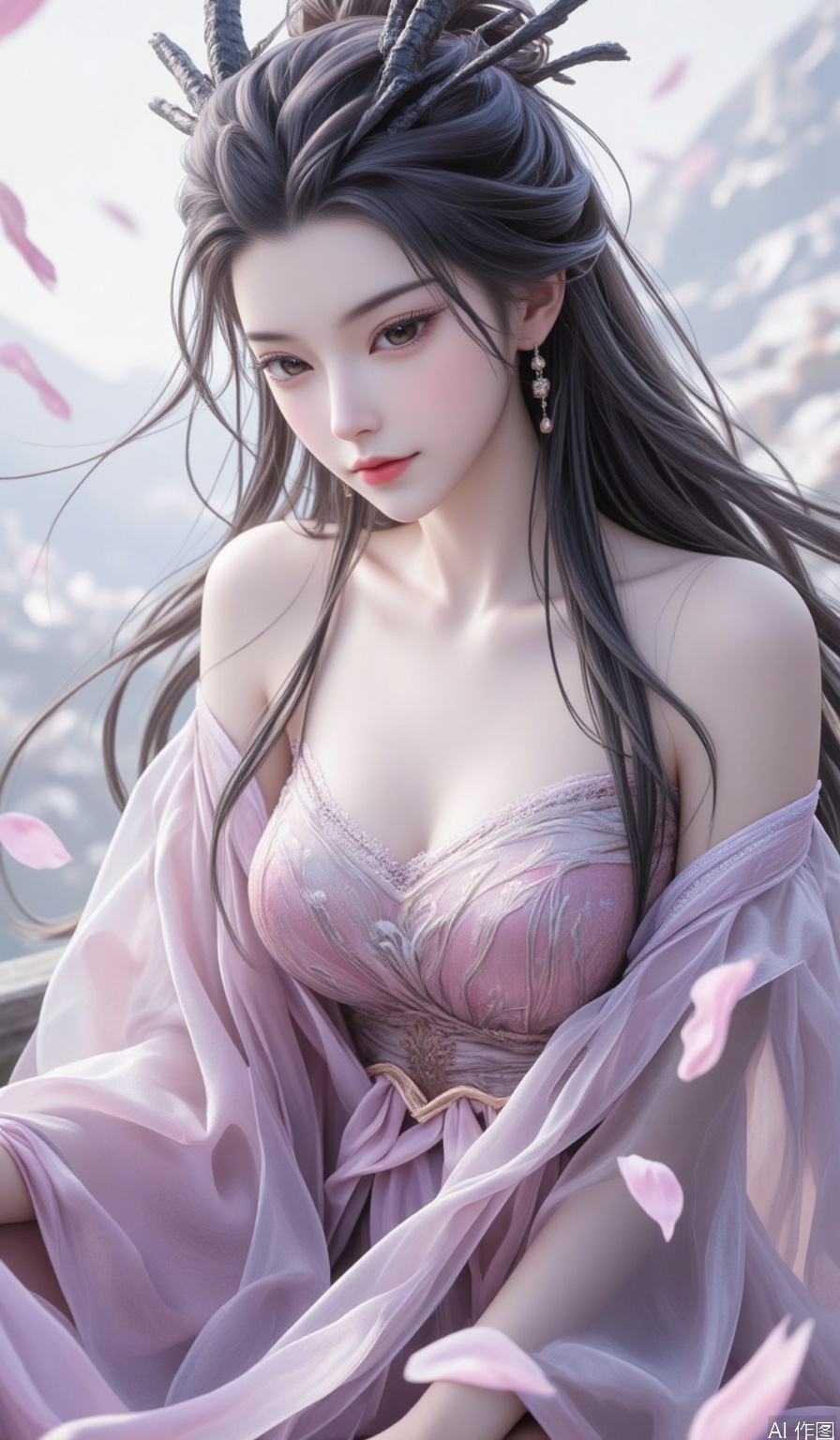 1girl,long hair,eyelashes,solo,breasts,Cleavage,Illustration style, award winning art, Traditional Chinese painting style, Ink wash painting style, Flowing brushstrokes, by Agnes Cecile, Rich in layers, Classical Chinese maiden painting, The perfect fusion of modern art and traditional Chinese painting, Full-body view, A Chinese girl, Extremely beautiful countenance, Classical beauty of the East, Long hair, Silk-textured clothing, weared in translucent crystal sculpture glitch, Perfect female body, Graceful Eastern woman, octane render masterpiece, Scattered Watercolors,masterpiece scale, Falling petals, beautiful depth of field, ultra detailed CG perspective, ultra dynamic lighting amazing shadows