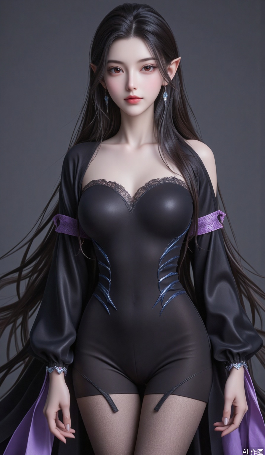 1girl,Long hair,,powder eye shadow,lips,eyelashes,red eyes,pointy ears,Earrings,fish scale,Pointed ears,looking at viewer,pantyhose pull,Black silk jumpsuit,pretty legs,S shape