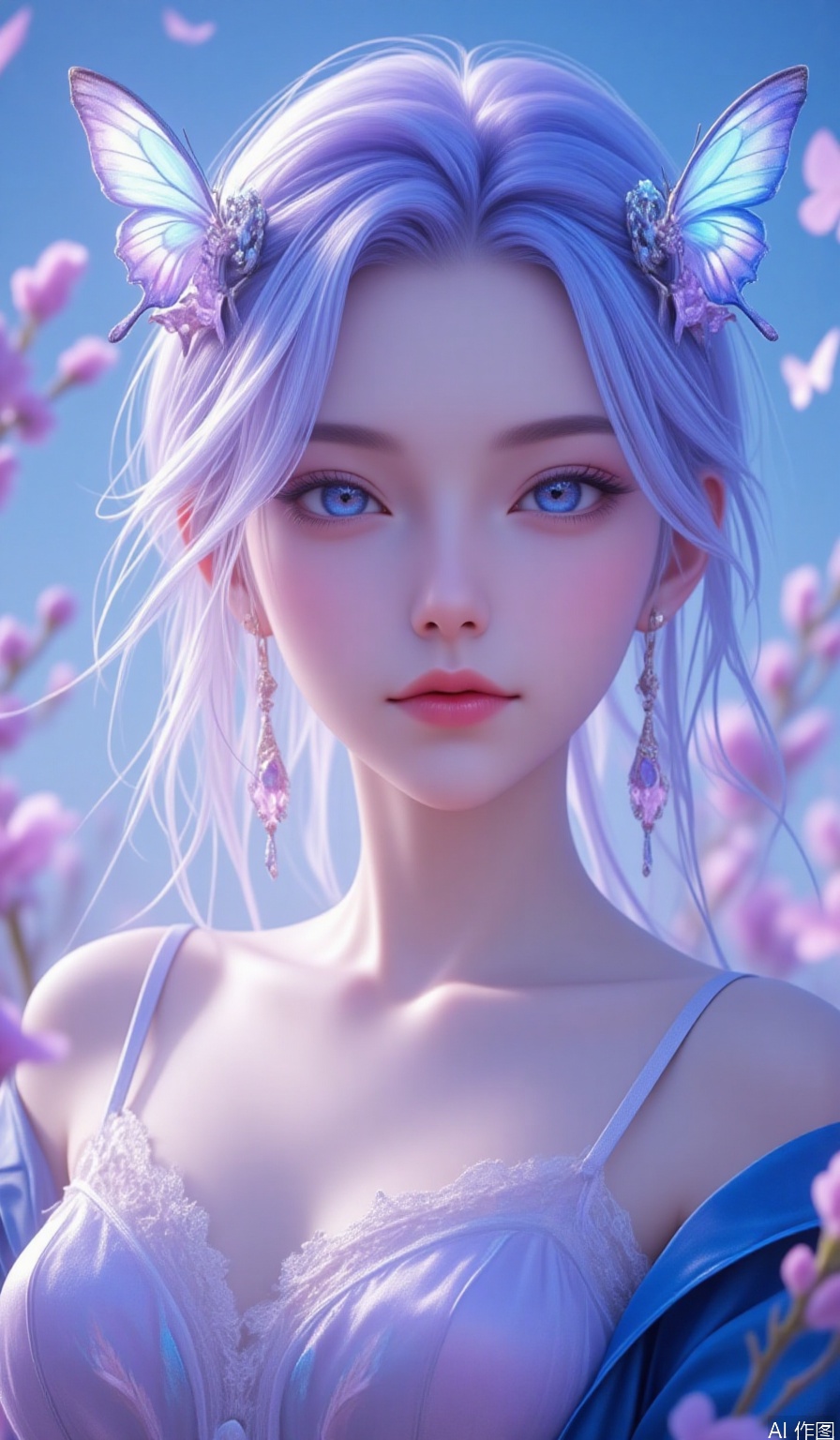 Realism,veil,unreal,sunlight,backlighting,glowing,loli,petals,shadow,light,figure light,dream,unreal,Blur,float light, amazing quality, very aesthetic, absurdres,Dundar effect,flowers covering half of the painting,delicate plant details,dream, soul, (fluorescence), (flying translucent blue butterfly) masterpiece,best quality,high quality,(colorful),loli,1girl,solo,long hair,looking at viewer,blue eyes,upper body,head tilt,blue theme,jacket,closed mouth,earrings,bare shoulders,off shoulder,white hair,jewelry,strap slip,collarbone,camisole,blue background,backlighting,blue hair,pink background,multicolored hair,gradient background,simple background,hair between eyes,expressionless,spaghetti strap,blue jacket,shirt,sidelocks,glowing,pixie cut in vibrant lavender,ice purple eyes,dressed in a romantic bohemian dress with layered lace and a floral crown,in a field of wildflowers under a pastel sunset with butterflies fluttering