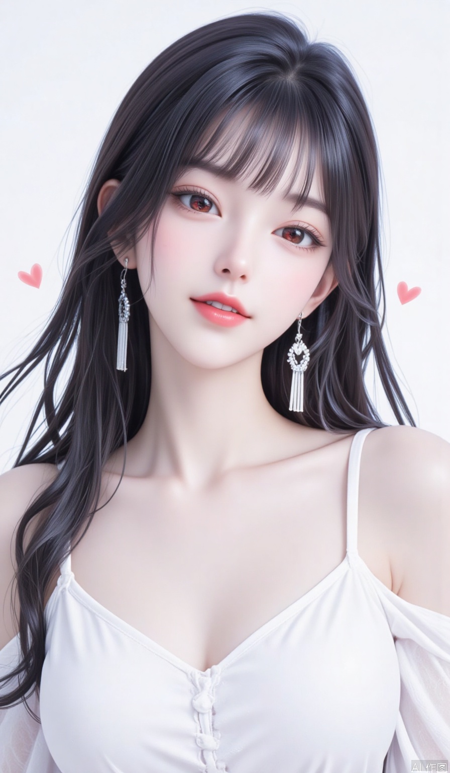 masterpiece,very aware,highres,absurdres,newest,best quality,high quality,loli,petite,chromatic_aberration,Light Blue Theme, //, 1girl, solo, long hair, jewelry, earrings, looking at viewer, red eyes, open mouth, smile, collarbone, heart, breasts, black hair, fangs, simple background, white background, cleavage, blush, white dress, ear piercing, teeth, signature, upper body, blunt bangs, piercing, dress, \:d, pointy ears, heart earrings, medium breasts //, [artist:void 0],(iris-san:1.4),artist:maccha (mochancc),[artist:himitsu (hi mi tsu 2)],year 2024,(Artist:rurudo:0.9),(wanke:0.9),Artist:na-ga,matchanear,