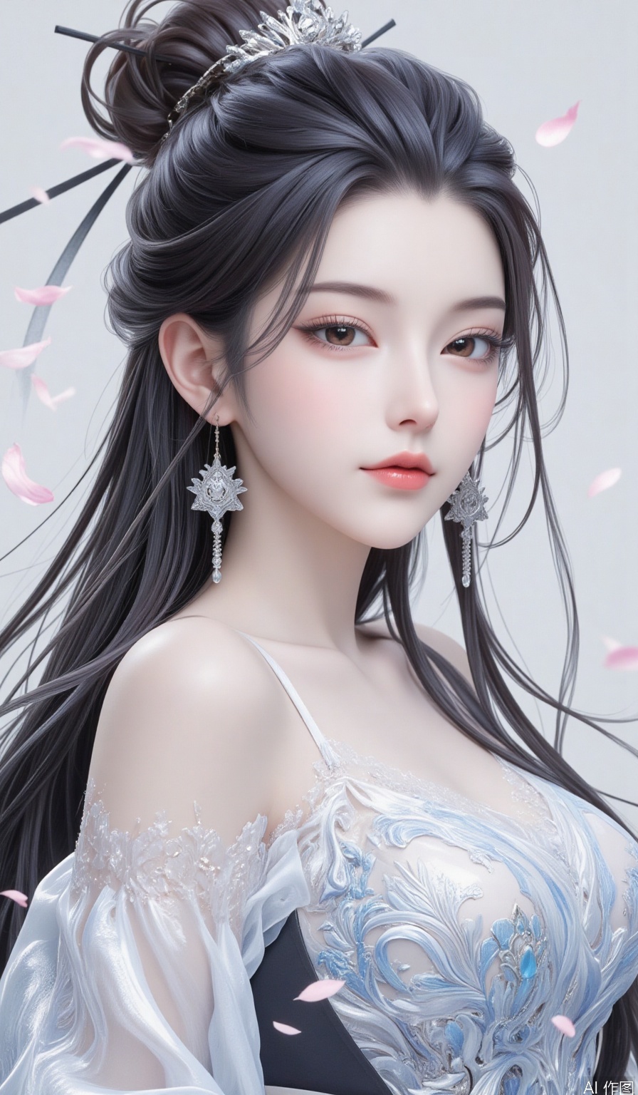 1girl,long hair,eyelashes,solo,breasts,Cleavage,Illustration style, award winning art, Traditional Chinese painting style, Ink wash painting style, Flowing brushstrokes, by Agnes Cecile, Rich in layers, Classical Chinese maiden painting, The perfect fusion of modern art and traditional Chinese painting, Full-body view, A Chinese girl, Extremely beautiful countenance, Classical beauty of the East, Long hair, Silk-textured clothing, weared in translucent crystal sculpture glitch, Perfect female body, Graceful Eastern woman, octane render masterpiece, Scattered Watercolors,masterpiece scale, Falling petals, beautiful depth of field, ultra detailed CG perspective, ultra dynamic lighting amazing shadows