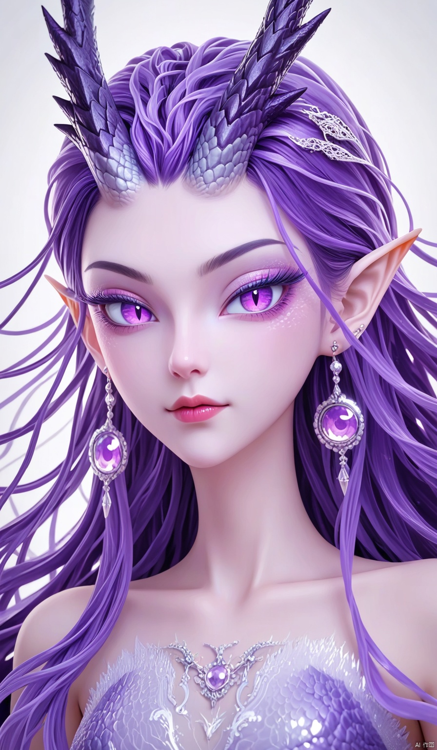 1girl,Long hair,,powder eye shadow,Dragon horn,purple pupils,Earrings,fish scale,Pointed ears,looking at viewer,