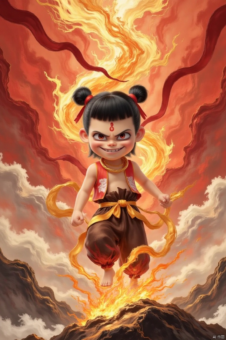 a boy with black hair, a bun, and red eyes, he was wearing a sleeveless red top, brown pants with a yellow belt, and a red mark on his forehead.Chinese black and white ink painting,overall illustration style,nezha,This is a digital CGI image of a young,anime-style boy with black hair in twin buns,red eyes,and a mischievous grin. She wears a sleeveless red top,brown pants with a yellow sash,and has a red forehead mark. there's a fire under my feet,the background is a towering flame,under my feet are rolling giant waves,
