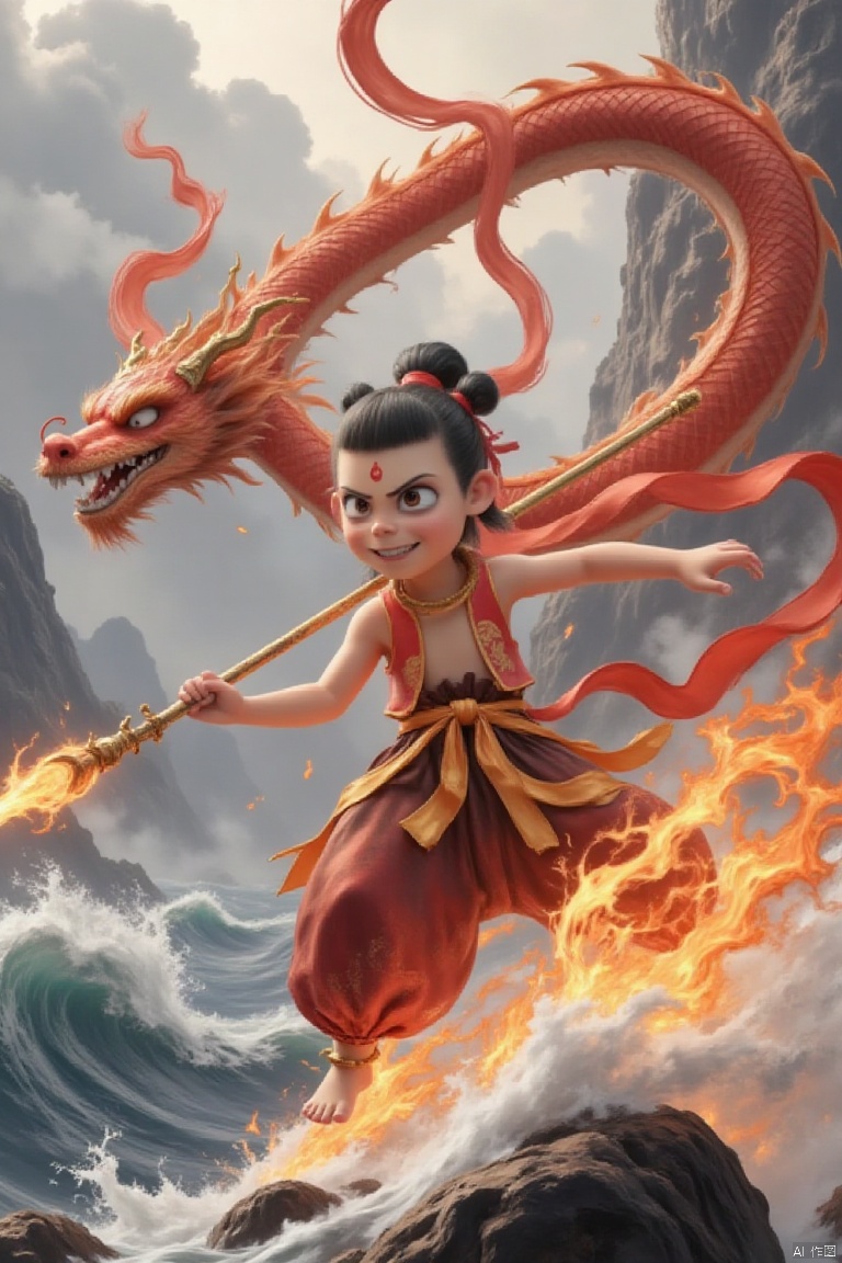 nezha,nezha,Disney Pixar style 3D animation,Chinese mythological fusion,ultra-detailed character design,Nezha in dynamic pose,red silk battle suit with gold patterns,glowing fire-tipped spear,wind fire wheels with particle effects,Dragon King with iridescent scales,glowing dragon beard,storm clouds aura,cinematic low-angle shot,Hyper-realistic ocean waves,frozen splash moment,subsurface scattering water texture,HDR lighting,Epic battle composition,contrasting colors: fiery orange vs deep blue,volumetric lightning strikes,Cinematic depth of field,Unreal Engine 5 rendering,8K resolution,trending on ArtStation,Dynamic wind effects on cloth and hair,magical energy glow,photorealistic textures,Hybrid style: Glen Keane's character expressiveness +《Moana》ocean dynamics,
