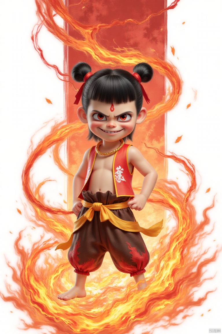 nezha,Chinese black and white ink painting,nezha,nezha,Chinese black and white ink painting,Chinese black and white ink painting,overall illustration style,nezha,This is a digital CGI image of a young,anime-style boy with black hair in twin buns,red eyes,and a mischievous grin. She wears a sleeveless red top,brown pants with a yellow sash,and has a red forehead mark. The background is plain white. there's a fire under my feet,the background is a towering flame,under my feet are rolling giant waves,
