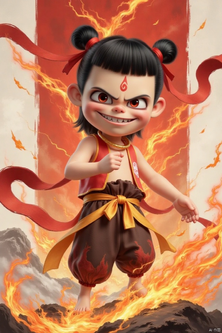 a boy with black hair, a bun, and red eyes, he was wearing a sleeveless red top, brown pants with a yellow belt, and a red mark on his forehead.Chinese black and white ink painting,overall illustration style,nezha,This is a digital CGI image of a young,anime-style boy with black hair in twin buns,red eyes,and a mischievous grin. She wears a sleeveless red top,brown pants with a yellow sash,and has a red forehead mark. there's a fire under my feet,the background is a towering flame,under my feet are rolling giant waves,
