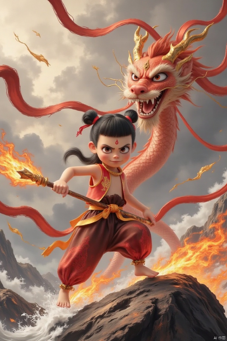 nezha,nezha,Disney Pixar style 3D animation,Chinese mythological fusion,ultra-detailed character design,Nezha in dynamic pose,red silk battle suit with gold patterns,glowing fire-tipped spear,wind fire wheels with particle effects,Dragon King with iridescent scales,glowing dragon beard,storm clouds aura,cinematic low-angle shot,Hyper-realistic ocean waves,frozen splash moment,subsurface scattering water texture,HDR lighting,Epic battle composition,contrasting colors: fiery orange vs deep blue,volumetric lightning strikes,Cinematic depth of field,Unreal Engine 5 rendering,8K resolution,trending on ArtStation,Dynamic wind effects on cloth and hair,magical energy glow,photorealistic textures,Hybrid style: Glen Keane's character expressiveness +《Moana》ocean dynamics,
