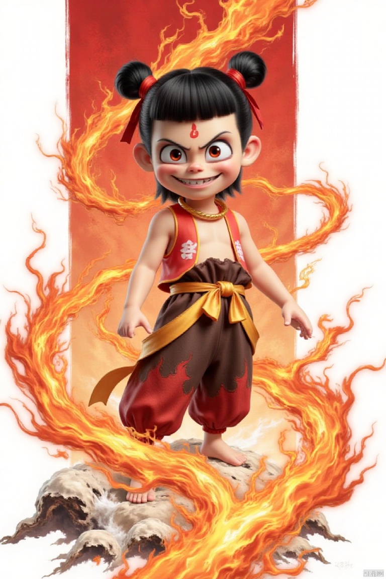 nezha,Chinese black and white ink painting,nezha,nezha,Chinese black and white ink painting,Chinese black and white ink painting,overall illustration style,nezha,This is a digital CGI image of a young,anime-style boy with black hair in twin buns,red eyes,and a mischievous grin. She wears a sleeveless red top,brown pants with a yellow sash,and has a red forehead mark. The background is plain white. there's a fire under my feet,the background is a towering flame,under my feet are rolling giant waves,
