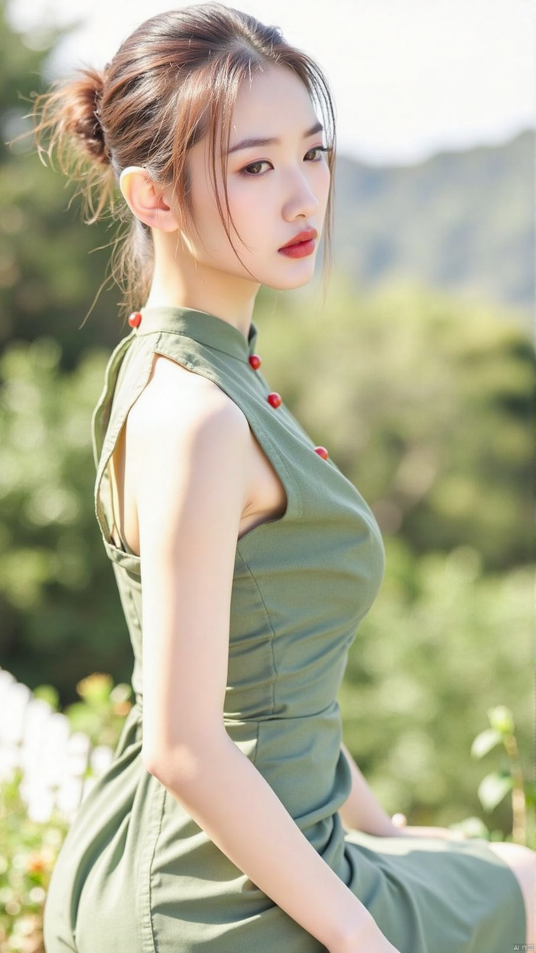 The image is a portrait of a young woman sitting on a wooden bench in a garden. She is wearing a green dress with red butt...