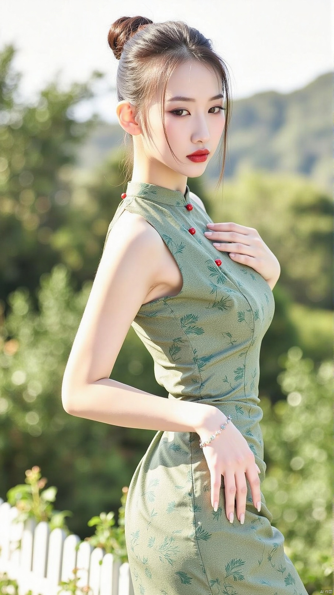 The image is a portrait of a young woman standing in a garden. She is wearing a long,  green dress with a floral pattern a...