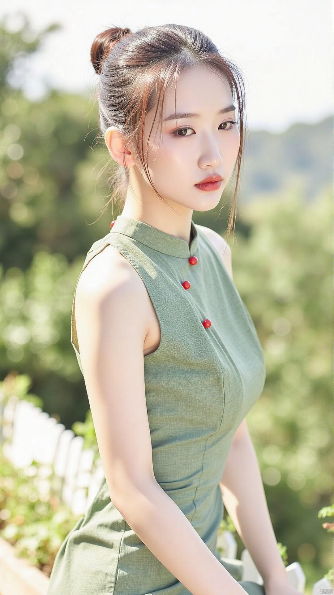 The image is a portrait of a young woman sitting on a wooden bench in a garden. She is wearing a green dress with red butt...