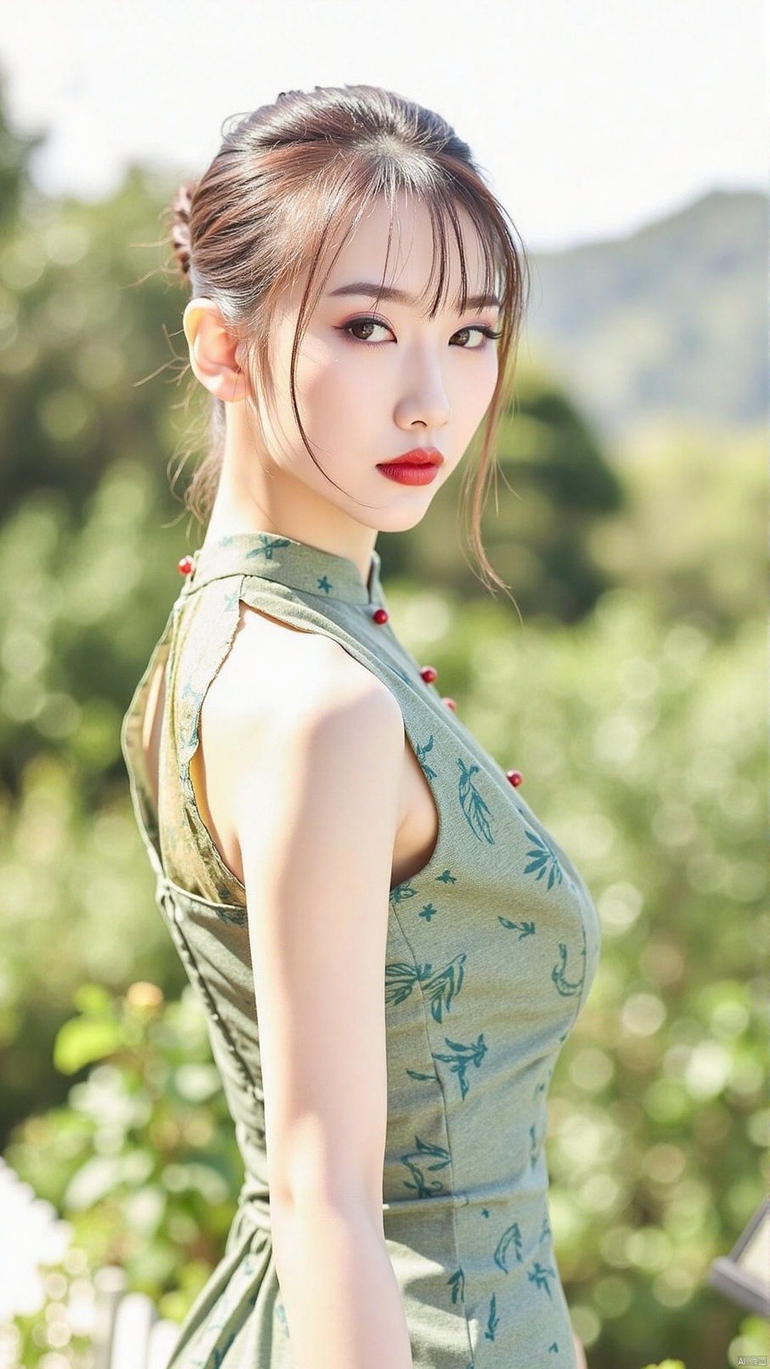 The image is a portrait of a young woman standing in a garden. She is wearing a green dress with a floral pattern and has...