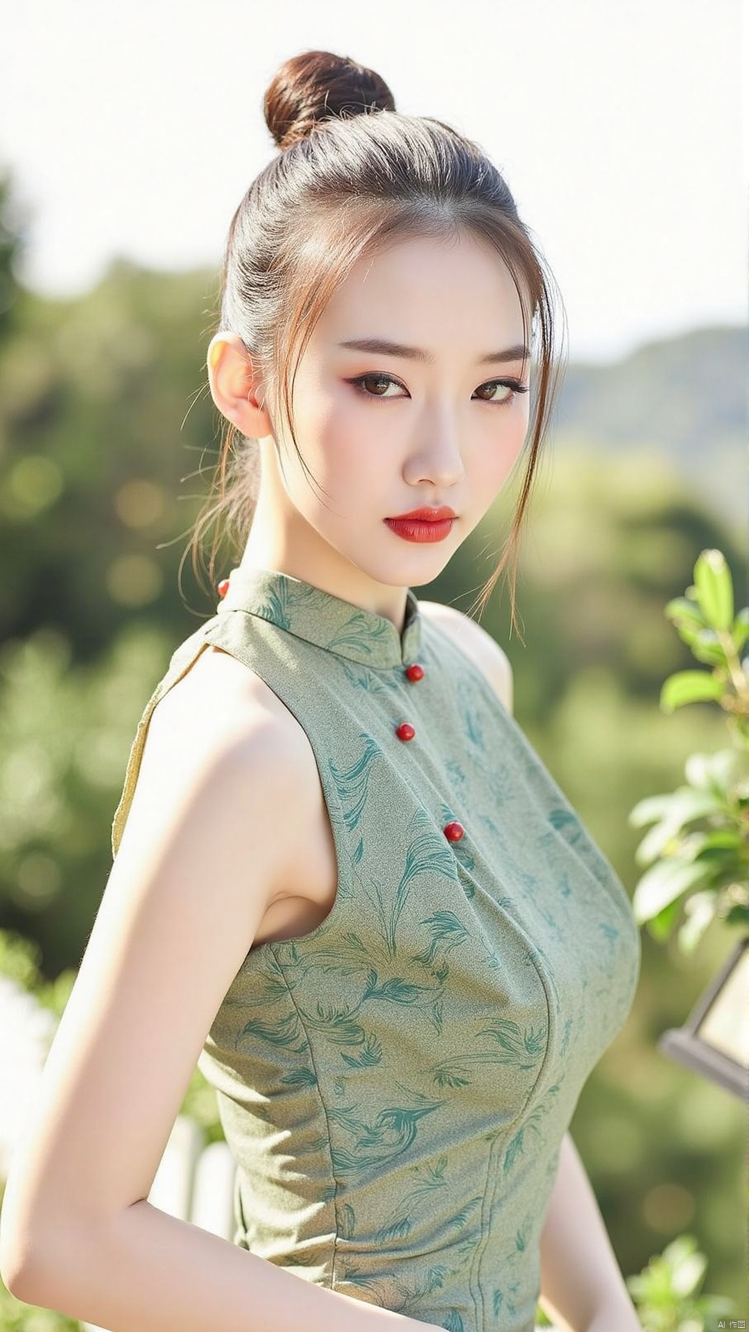 The image is a portrait of a young woman standing in a garden. She is wearing a green dress with a floral pattern and has...