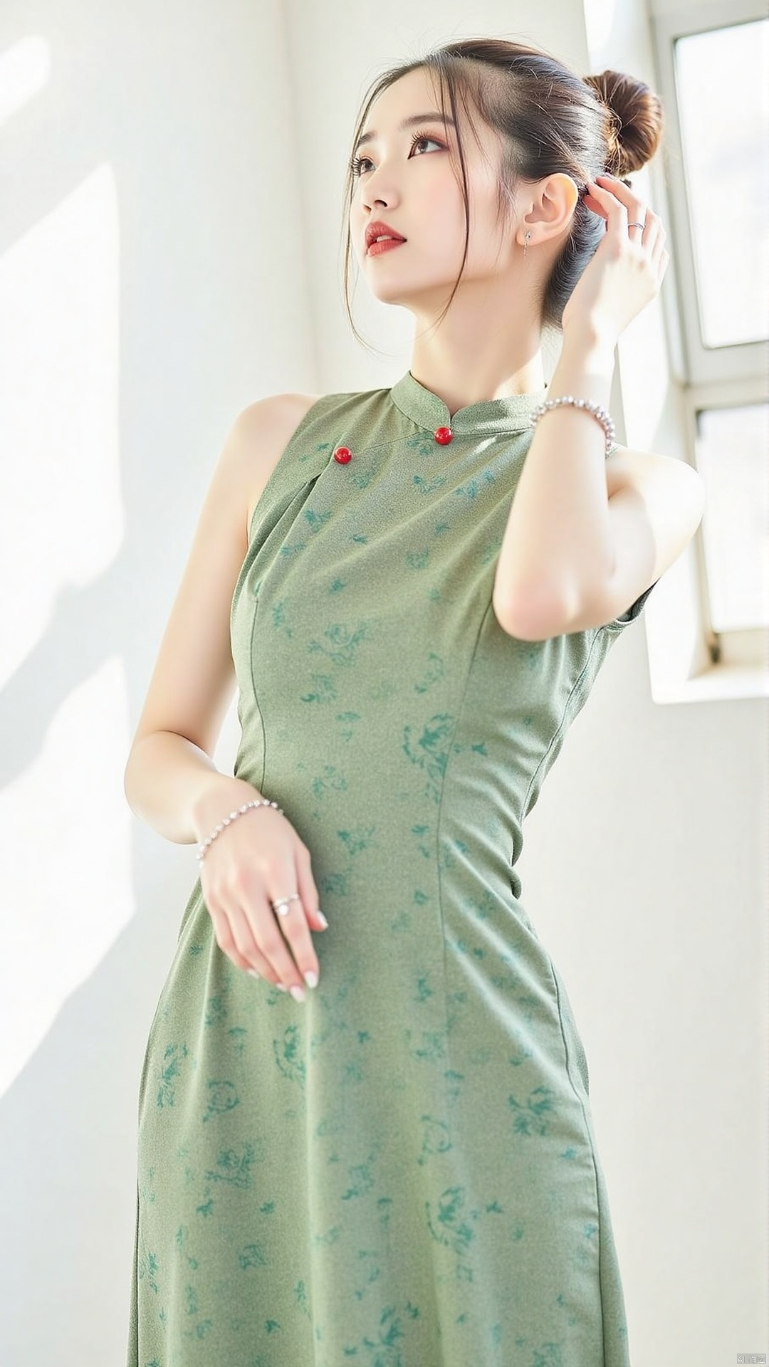 The image is a portrait of a young woman posing in a room with white walls and a window. She is wearing a green dress with...