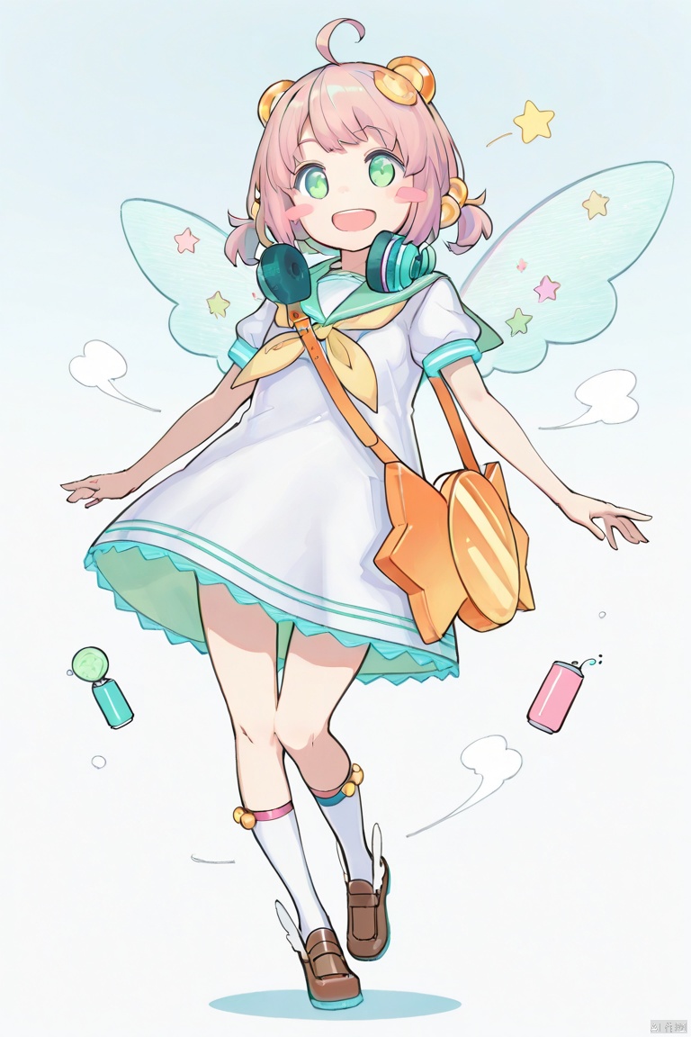 masterpiece, best quality, high quality, CAN:D \(ygo\), 1girl, solo, looking at viewer, smile, short hair, open mouth, hair ornament, dress, green eyes, full body, pink hair, ahoge, wings, shoes, socks, bag, star \(symbol\), headphones, blush stickers,