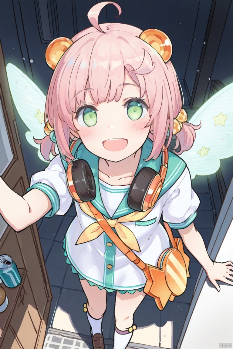masterpiece, best quality, high quality, CAN:D \(ygo\), 1girl, solo, looking at viewer, smile, short hair, open mouth, dress, green eyes, pink hair, ahoge, wings, socks, bag,