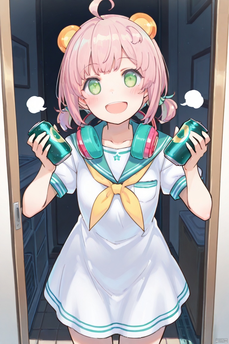 masterpiece, best quality, high quality, CAN:D \(ygo\), 1girl, solo, looking at viewer, smile, short hair, open mouth, dress, green eyes, pink hair, ahoge,