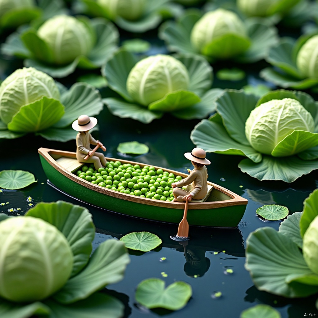 A green boat floating on a lake,filled with green peas. Two people in casual clothes and hats sitting on the boat,holding paddles. Surrounded by green cabbages,leaves floating on the lake surface,water droplets falling from the leaves. Ultra high-quality photorealistic image,close-up macro photography,vivid colors,detailed textures,serene atmosphere,natural lighting,clear reflections on water surface.,..,,Microphotography,a wonderful microscopic world