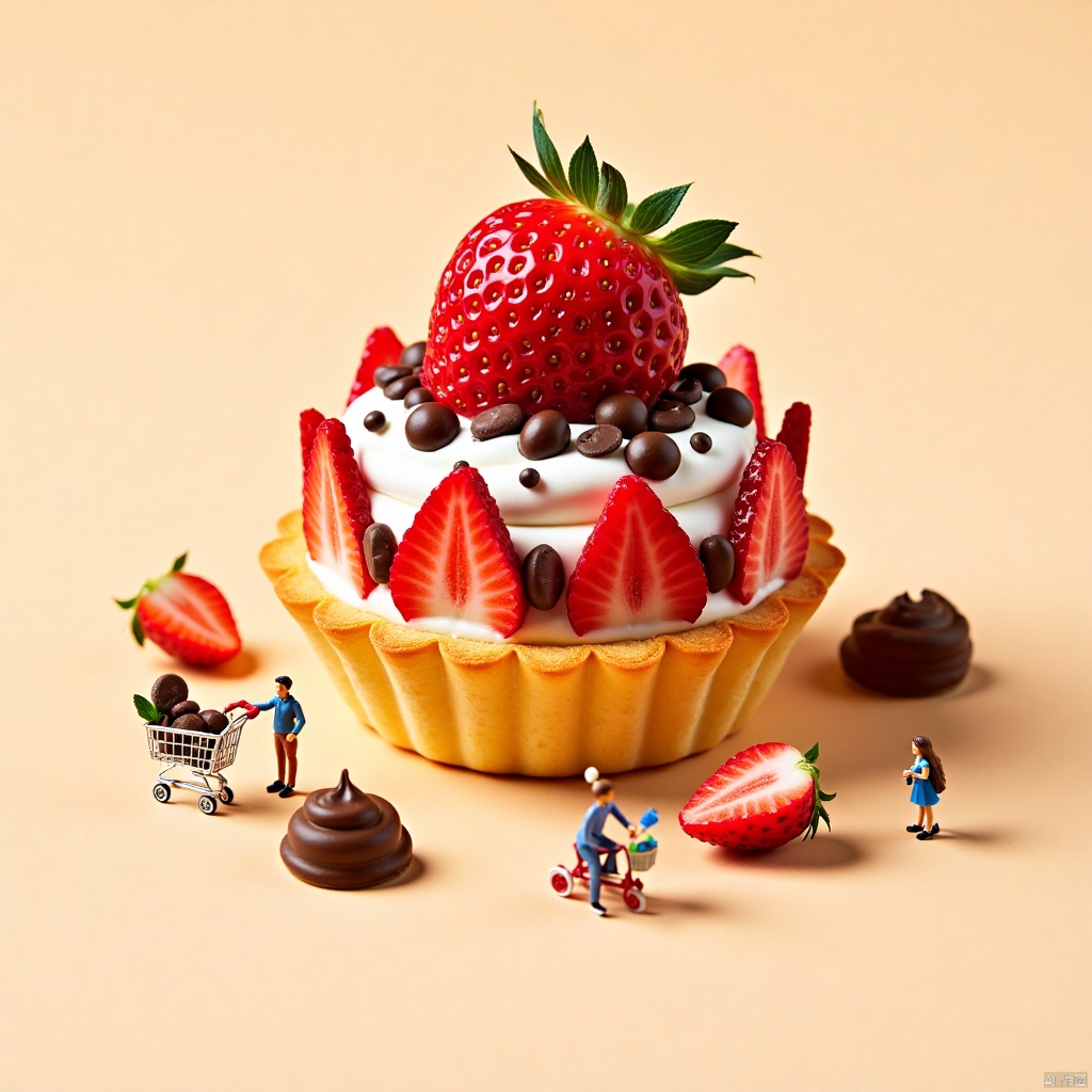 Miniature_photography,A miniature scene full of creativity and fun. In the center of the screen is a huge dessert that looks like a beautifully decorated egg tart. The bottom of the egg tart is a golden puff pastry, topped with white cream adorned with fresh strawberry slices, chocolate chips, and chocolate beans. At the top, there is also a whole large strawberry, brightly colored and mouth watering. There are several miniature dolls around the dessert. On the left is a small doll wearing blue clothes, seemingly reaching out to grab chocolate beans from the dessert; On the right is a small doll pushing a shopping cart filled with strawberries, and next to it is a small doll riding a small tricycle, as if participating in a joyful activity related to desserts. The background is a soft light brown color without excessive decoration, making desserts and dolls the focus of the picture. The entire scene creates a magical atmosphere by combining giant desserts with miniature dolls, as if entering a fairy tale like food world, giving people a sweet and pleasant feeling.,Microphotography,a wonderful microscopic world